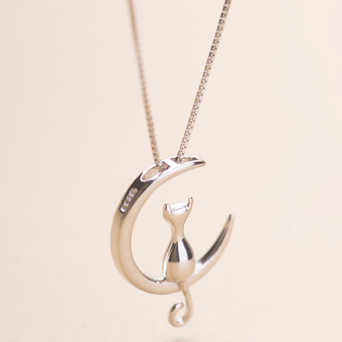 Fashion Cat Moon Pendant Necklace Charm Silver Gold Color Link Chain Necklace For Pet Lucky Jewelry For Women Gift Shellhard